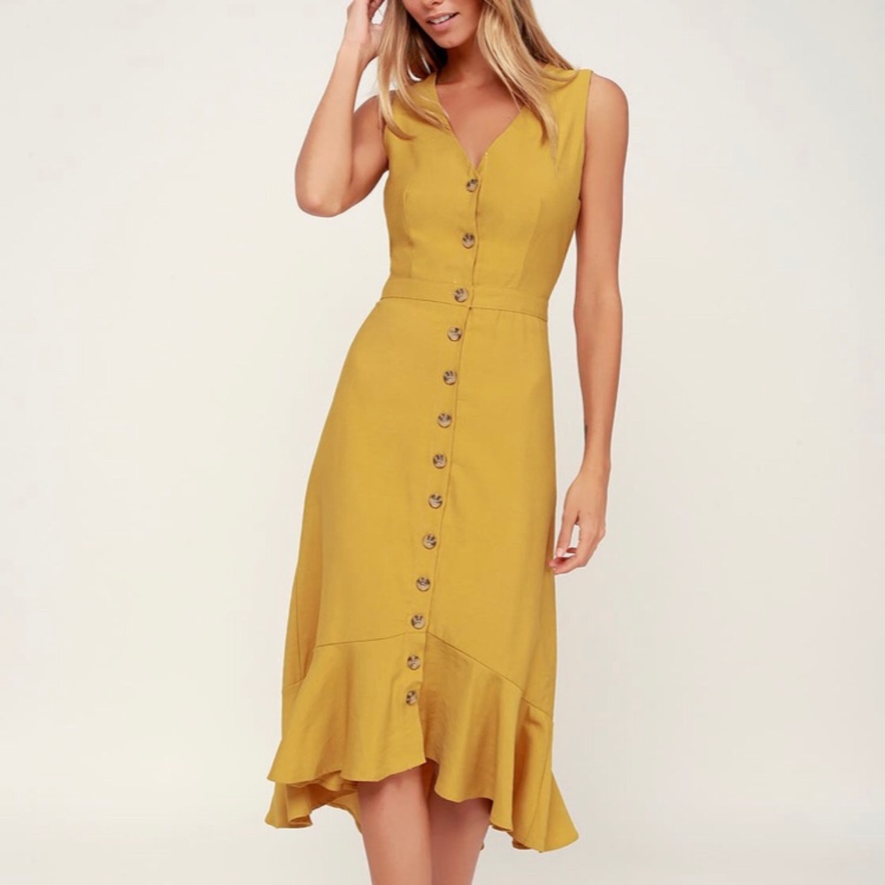 Lulus When We First Met Mustard Yellow Midi Dress